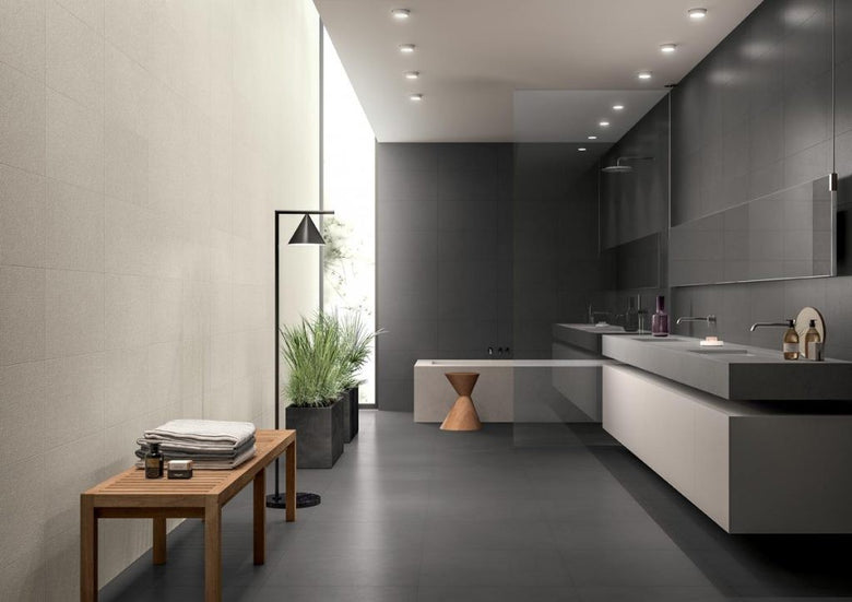 Blustyle Blutech Pavimento Rivestimento 90x90 Cm 11 10 Mm Cenere Bt in ambientazione completa, vista d'insieme della stanza