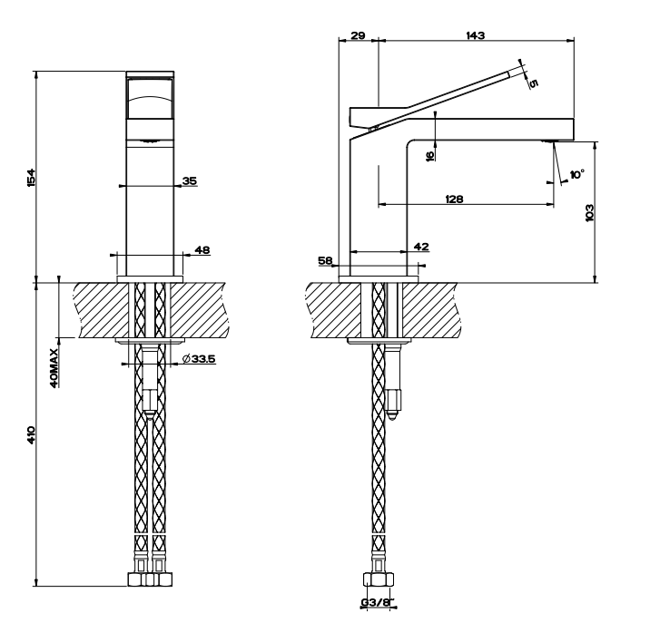 Rettangolo K Gessi Miscelatore Monocomando Lavabo black visto dall'alto con scarico e interno visibili