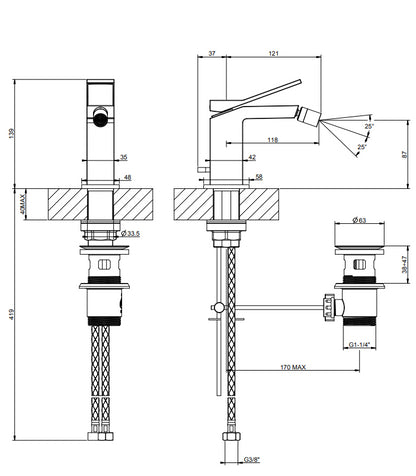 Gessi Rettangolo K Miscelatore Bidet con piletta black metal brushed 707 PVD 53007