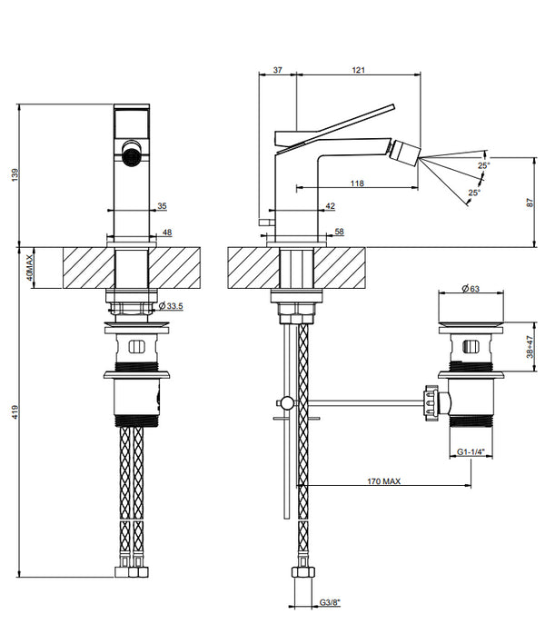 Gessi Rettangolo K Miscelatore Bidet con piletta black metal brushed 707 PVD 53007