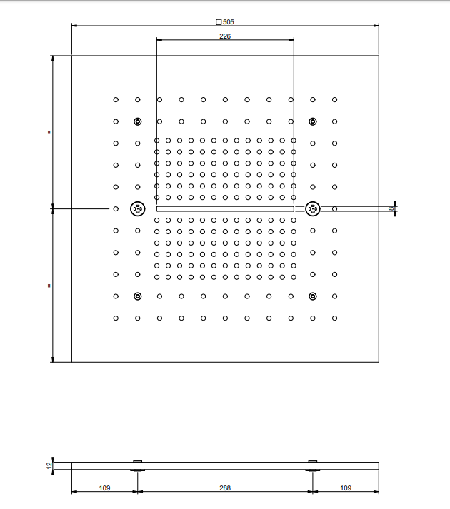 Cover Di Finitura Estetica 50x50 per sistema doccia, dettaglio ravvicinato della finitura e del marchio