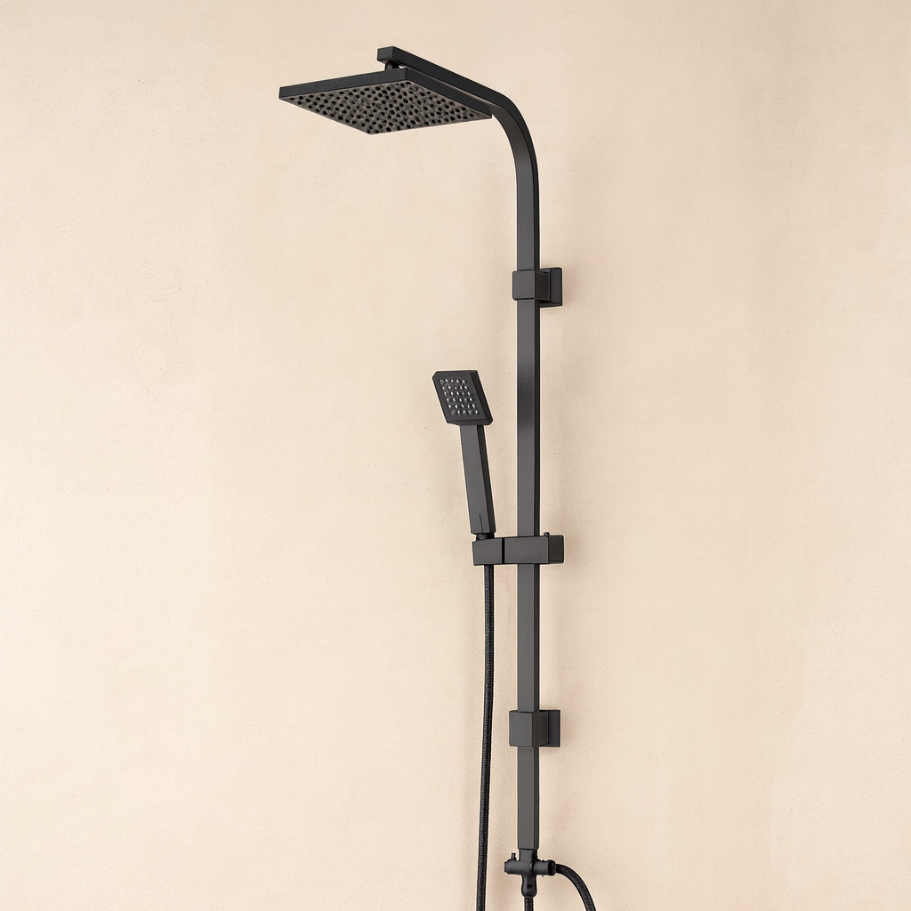 Colonna Doccia con soffione quadro saliscendi deviatore e doccetta con flessibile 150 cm in acciaio nero opaco Platinum