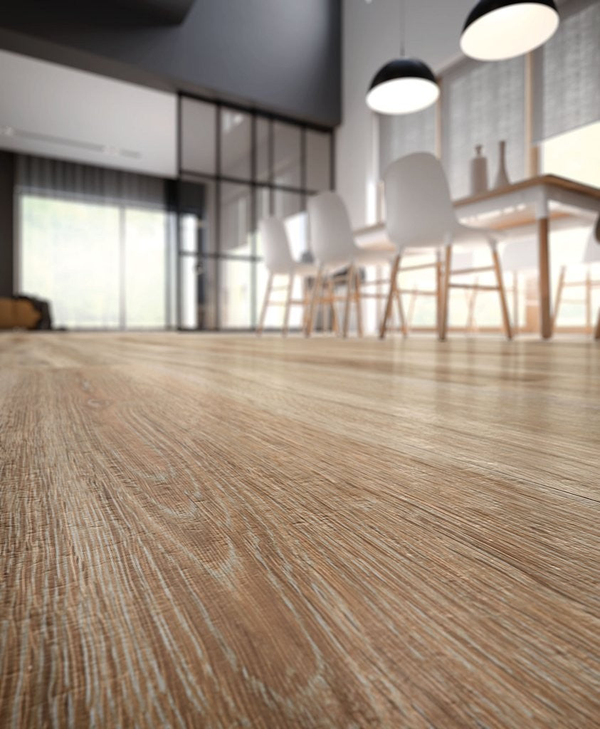 Pavimento 20x120 Effetto parquet Natural Ceramica Sant posata in ambiente arredato, dettaglio della venatura