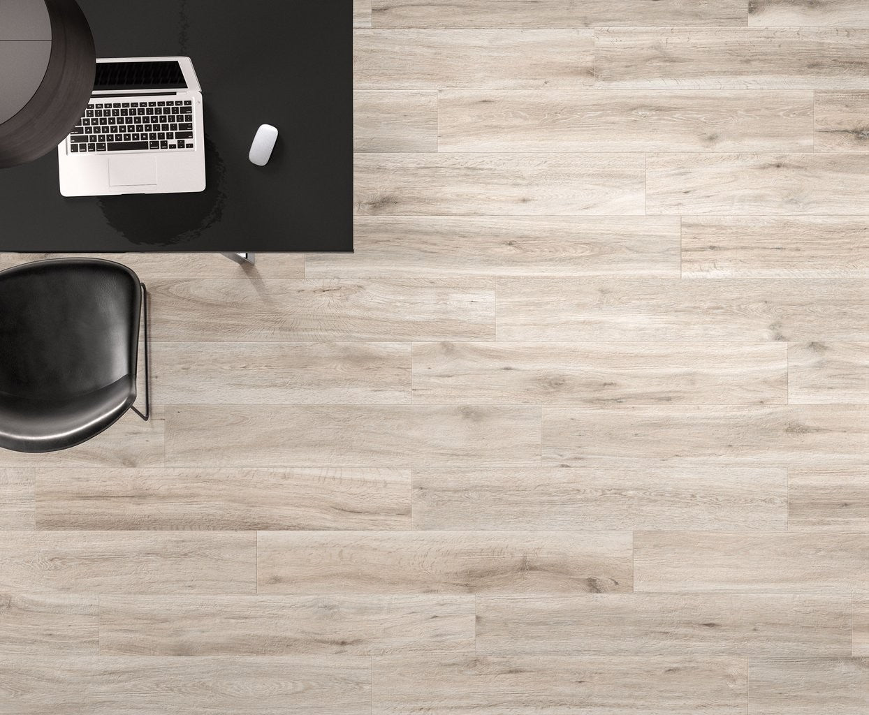 Pavimento 20x120 Effetto parquet White Ceramica Sant posata in ambiente arredato, dettaglio della venatura