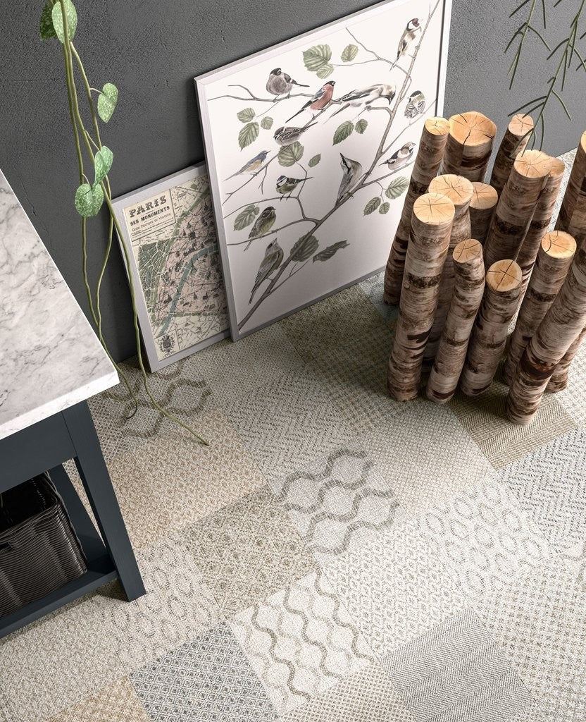 Pavimento rivestimento 20x20 Effetto Tessuto in Gres 10 mm posata in ambiente arredato, dettaglio della venatura