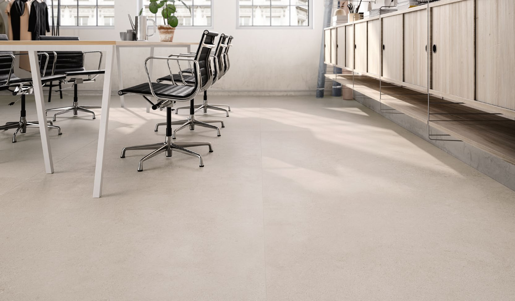 Pavimento rivestimento 120x120 effetto pietra Greige posata in ambiente arredato, dettaglio della venatura