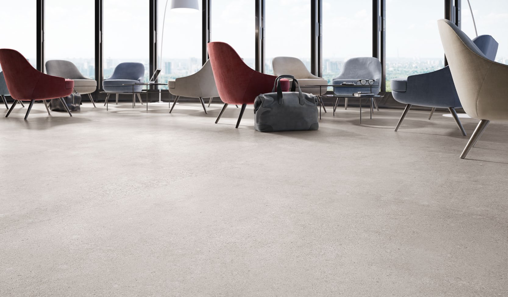 Pavimento rivestimento 120x120 effetto pietra Pearl in ambientazione completa, vista d'insieme della stanza