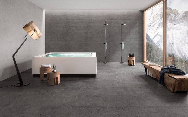 Pavimento Rivestimento 30x60 Effetto Pietra Gres posata in ambiente arredato, dettaglio della venatura