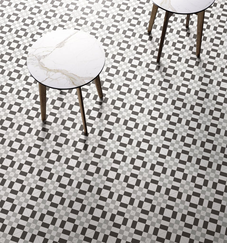Rivestimento 20x20 decoro Ceramica Sant Agostino Patchwork in ambientazione completa, vista d'insieme della stanza