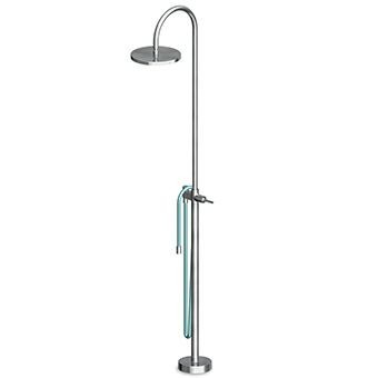 Colonna doccia free standing per esterni senza parte ad in acciaio inox, vista frontale della maniglia e della bocca di...