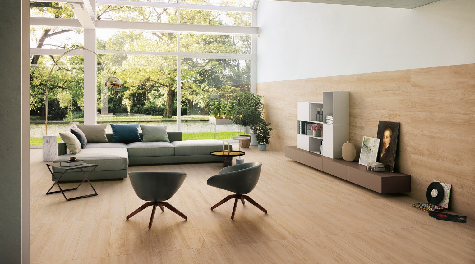 Ceramica effetto legno nordico Fabula Ulmus 20x120 Naturale posata in ambiente arredato, dettaglio della venatura...