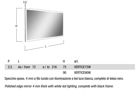 Antonio Lupi Vertice75w153 Specchio 75x153 Con Illumiazione Led Bianco