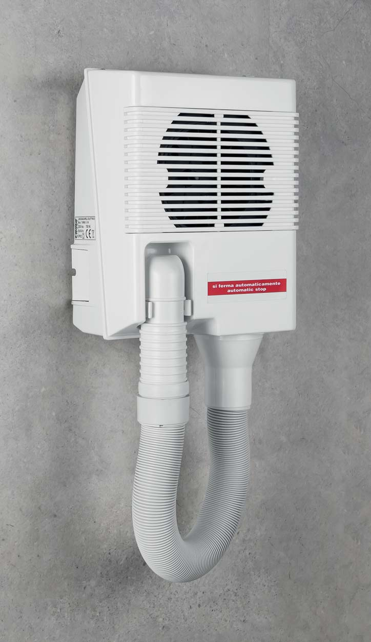 Colombo asciugacapelli da parete con tubo flessibile bianco in abs installato in bagno moderno con ante in vetro...