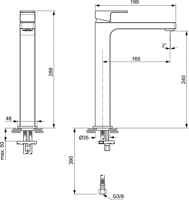 Ideal Standard Edge Miscelatore lavabo alto Vessel Cromo, vista frontale su sfondo bianco