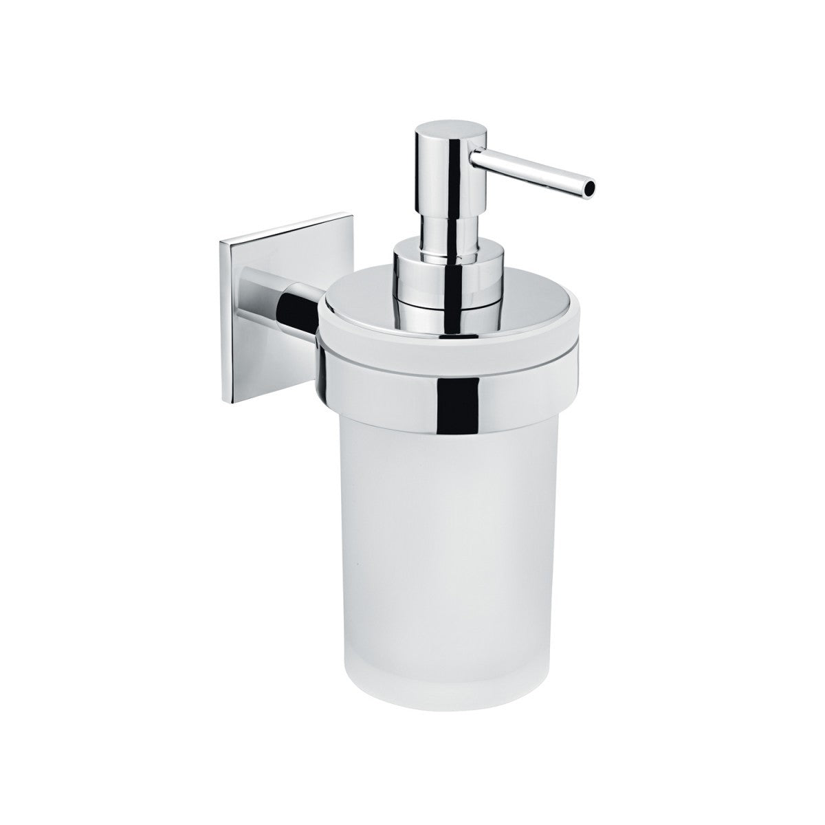 Dispenser Portasapone a muro in Vetro Opaco Cromo Cosmic montato a parete, vista del design e della finitura - Industrias...