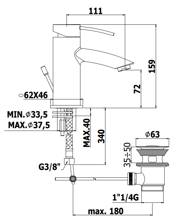 Paffoni Birillo Br071kcr Miscelatore Lavabo Ellittico Con, vista laterale del profilo e della forma