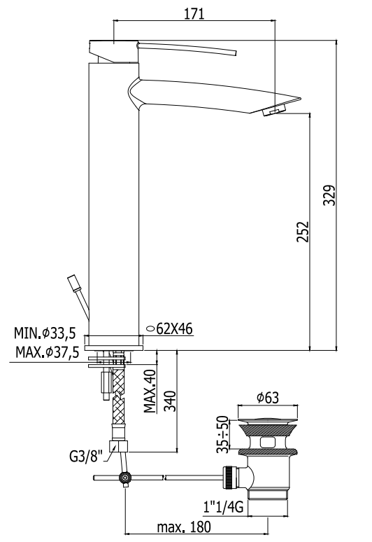 Paffoni Birillo Br081k Miscelatore Lavabo alto per ciotola, vista laterale del profilo e della forma