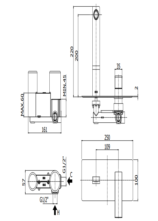 Paffoni Effe Ef104cr Miscelatore lavabo Incasso 2 Fori, vista laterale del profilo e della forma
