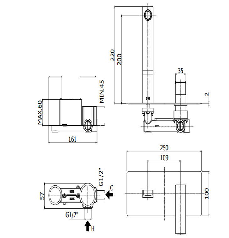 Paffoni Effe Ef106cr Miscelatore lavabo Incasso Bocca 24 cm visto dall'alto con scarico e interno visibili