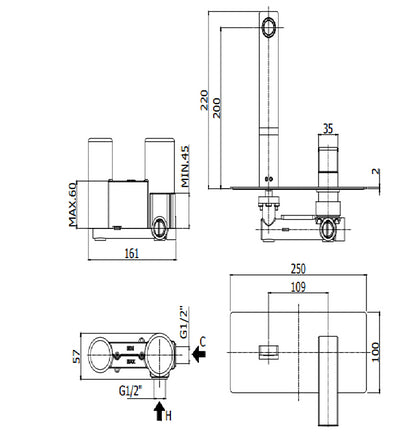 Paffoni Effe Ef106cr Miscelatore lavabo Incasso 2 Fori Con Piastra Rettangolare E Bocca 24 cm Cromo