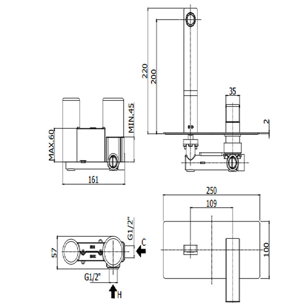 Paffoni Effe Ef106cr Miscelatore lavabo Incasso 2 Fori Con Piastra Rettangolare E Bocca 24 cm Cromo