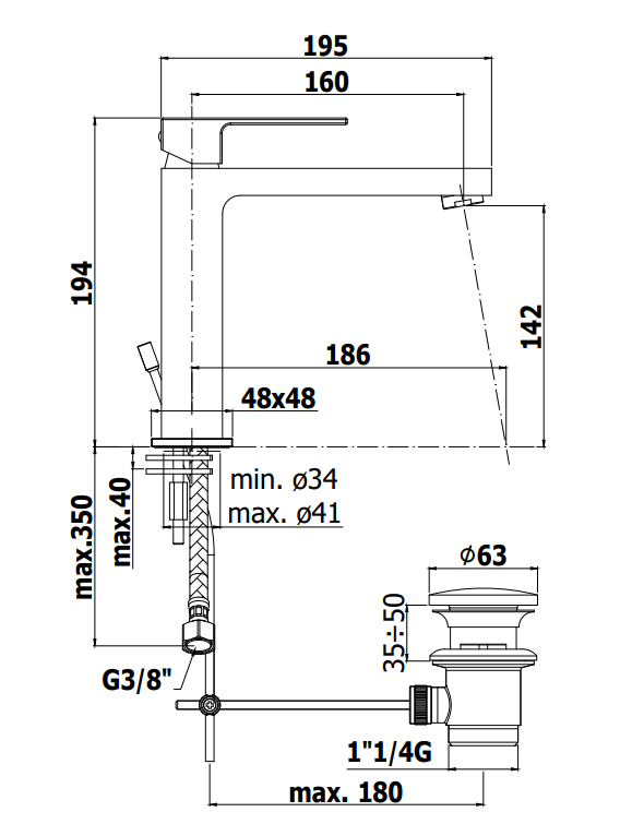 Paffoni Elle El074kcr Miscelatore Lavabo Scarico Click Clak, vista laterale del profilo e della forma