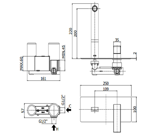 Paffoni Elle El105cr Miscelatore lavabo Incasso 2 Fori Bocca 20 Cm Cromo