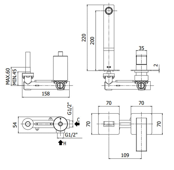 Paffoni Elle El105cr70 Miscelatore lavabo Incasso 2 Fori 2 Piastre e Bocca 20 cm Cromo