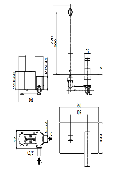 Paffoni Level Miscelatore lavabo Incasso 2 Fori Steel, vista laterale del profilo e della forma