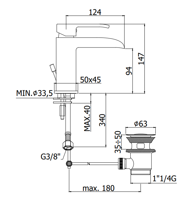 Paffoi Level Les065st Miscelatore Lavabo effetto Cascata, vista laterale del profilo e della forma - Paffoni
