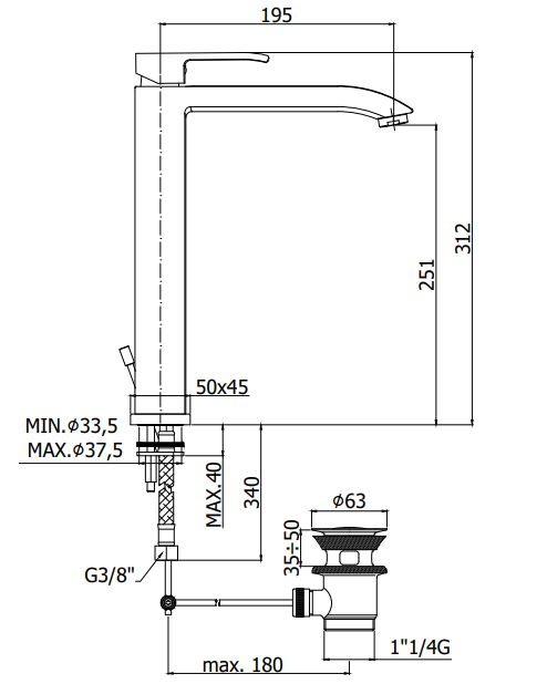 Paffoni Level Les081st Miscelatore Lavabo Alto Con Canna, vista laterale del profilo e della forma