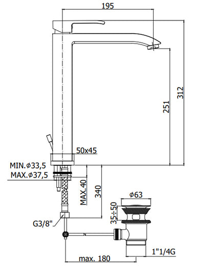 Paffoni Level Miscelatore Lavabo alto Prolungato scarico automatico Steel Acciaio Les085st