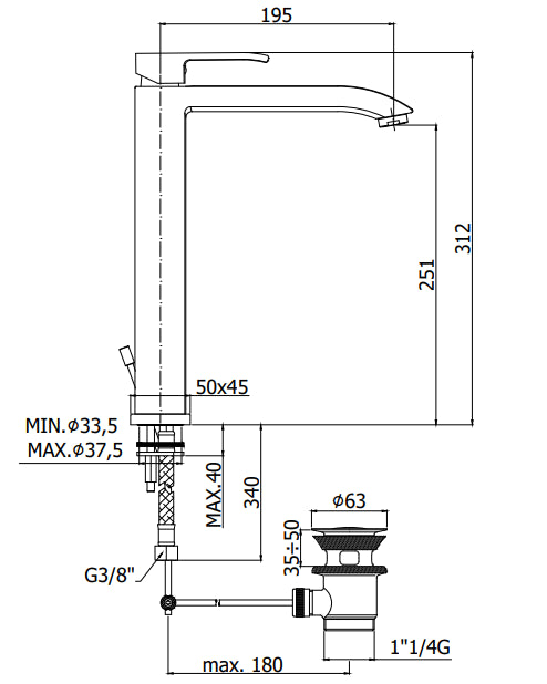 Paffoni Level Miscelatore Lavabo alto Prolungato scarico automatico Steel Acciaio Les085st