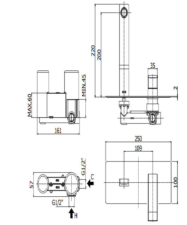 Paffoni Les104cr Miscelatore lavabo Incasso bocca 150 mm, vista laterale del profilo e della forma