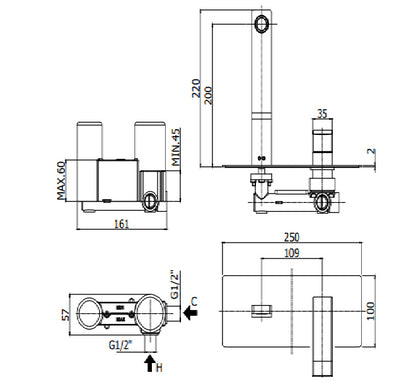 Paffoni Level Les105cr Miscelatore lavabo Incasso 2 Fori Con Piastra Rettangolare Cromo