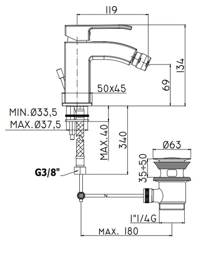 Paffoni Level Les135st Miscelatore Bidet Con Piletta e scarico automatico Steel Acciaio