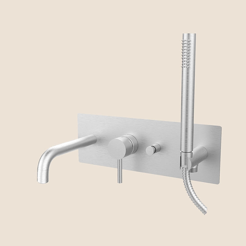 Paffoni Light Lig001st Miscelatore Vasca ad Incasso Steel visto dall'alto con superficie e piletta di scarico
