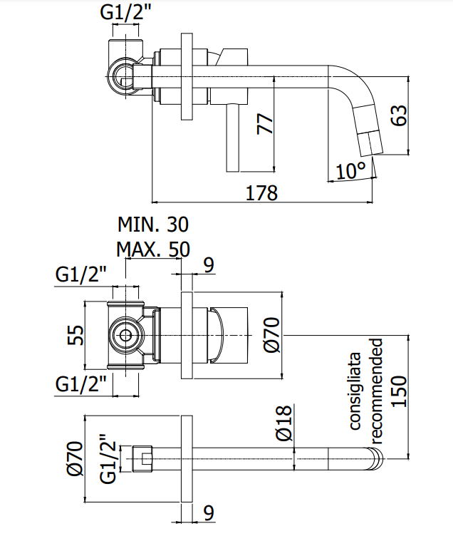 Paffoni Light Miscelatore lavabo Ad Incasso Bocca 175 mm, vista laterale del profilo e della forma