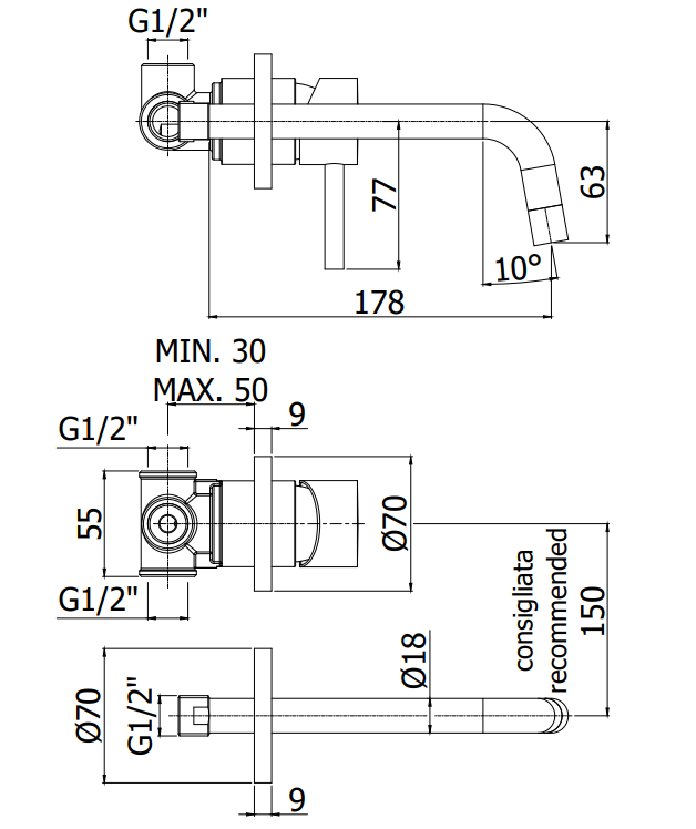 Paffoni Light Lig007no70 Miscelatore Lavabo Incasso Bocca, vista laterale del profilo e della forma