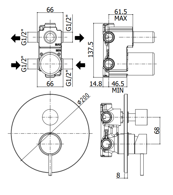 Paffoni Light Lig018st Miscelatore doccia Incasso 2 Uscite, componenti inclusi smontati: corpo incasso, placca e rosone