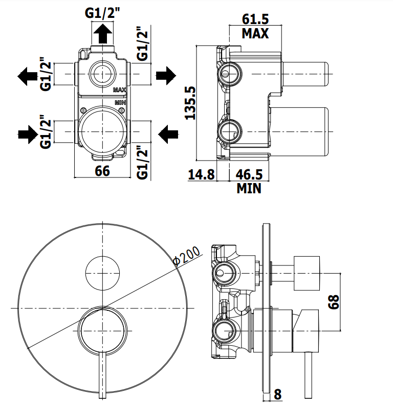 Paffoni Light Lig019no Miscelatore doccia Incasso 3 Uscite, componenti inclusi smontati: corpo incasso, placca e rosone