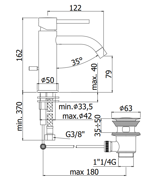 Paffoni Light Lig075no Miscelatore Lavabo Con Sistema Di, vista laterale del profilo e della forma