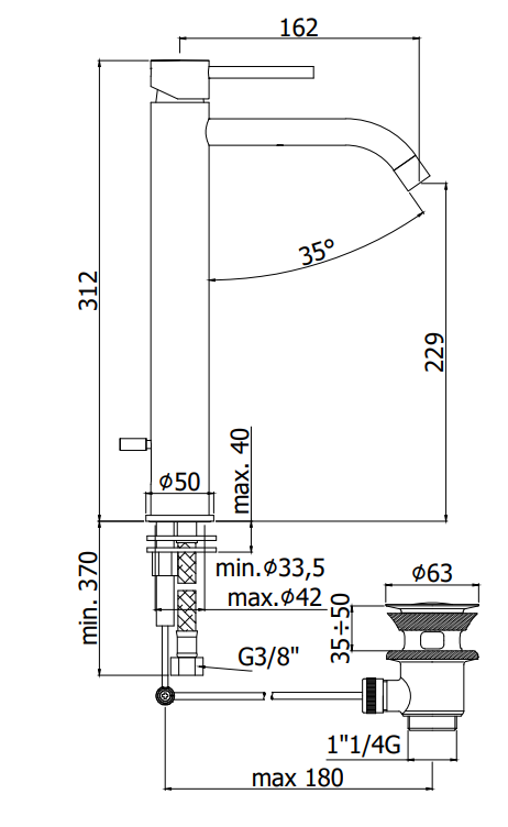 Paffoni Light Miscelatore lavabo alto prolungato senza, vista laterale del profilo e della forma