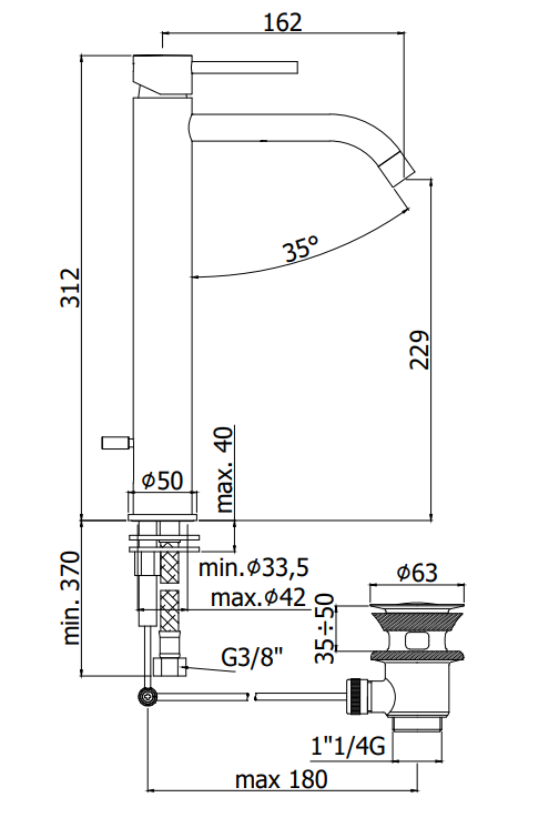 Paffoni Ligth Lig085no Miscelatore Lavabo Alto Prolungato, vista laterale del profilo e della forma