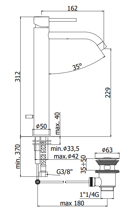 Paffoni Light Lig085st Miscelatore Lavabo alto Prolungato, vista laterale del profilo e della forma