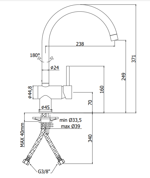 Paffoni Light Lig280cr Miscelatore Lavello Corpo Girevole, vista laterale della canna girevole