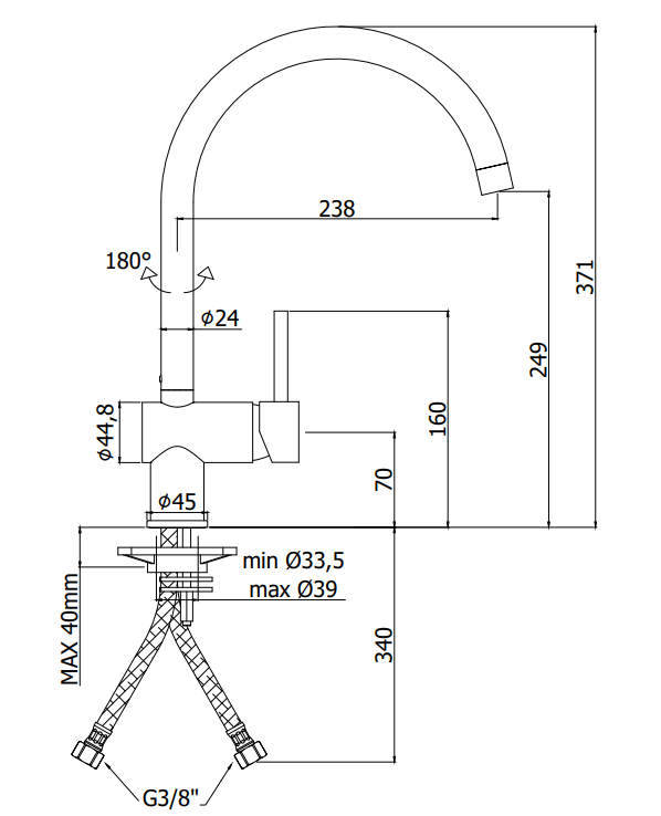 Paffoni Light LIG280NO Miscelatore Lavello Leva Stick Nero, vista laterale della canna girevole