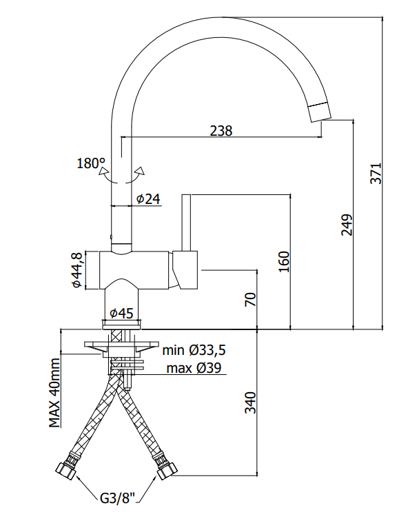 Paffoni Light Lig280st Miscelatore Lavello Corpo Canna, vista laterale della canna girevole
