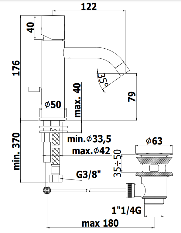 Paffoni Light Miscelatore lavabo Leva zero Senza Scarico Cromo, vista laterale del profilo e della forma