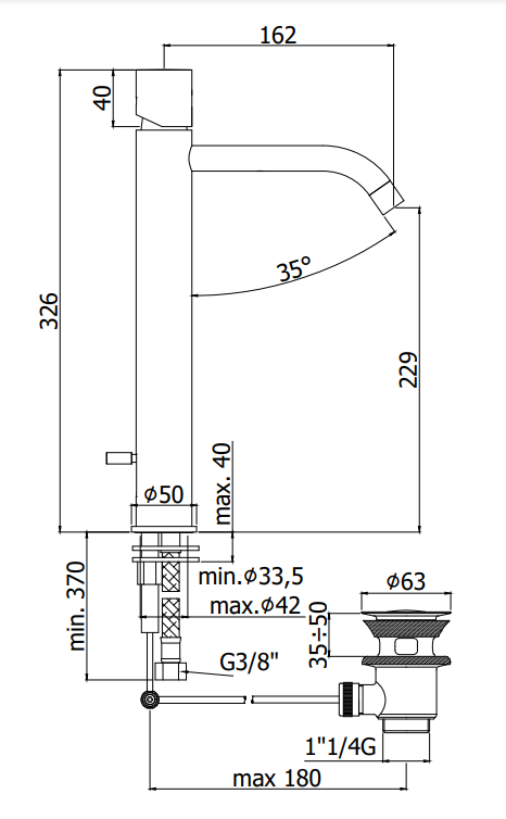 Paffoni Light LIGX081ST Miscelatore lavabo alto prolungato, vista laterale del profilo e della forma